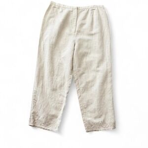Vintage Linen Blend Cropped Pants Ivory Beige Embroidered Hem, Women's Size 12